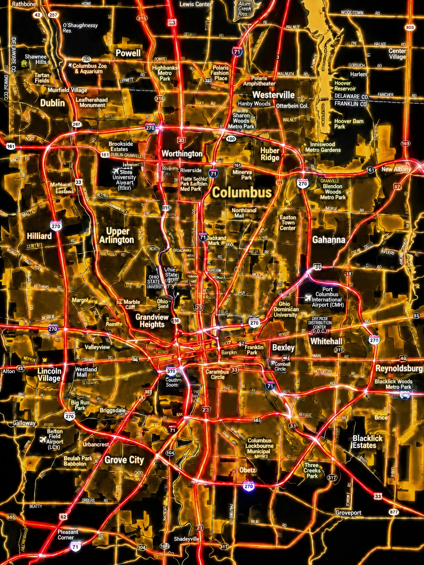 Dark Columbus regional map with white place labels, deep golden-yellow areas, glowing red roads, and approximate clickable neighborhood hotspots